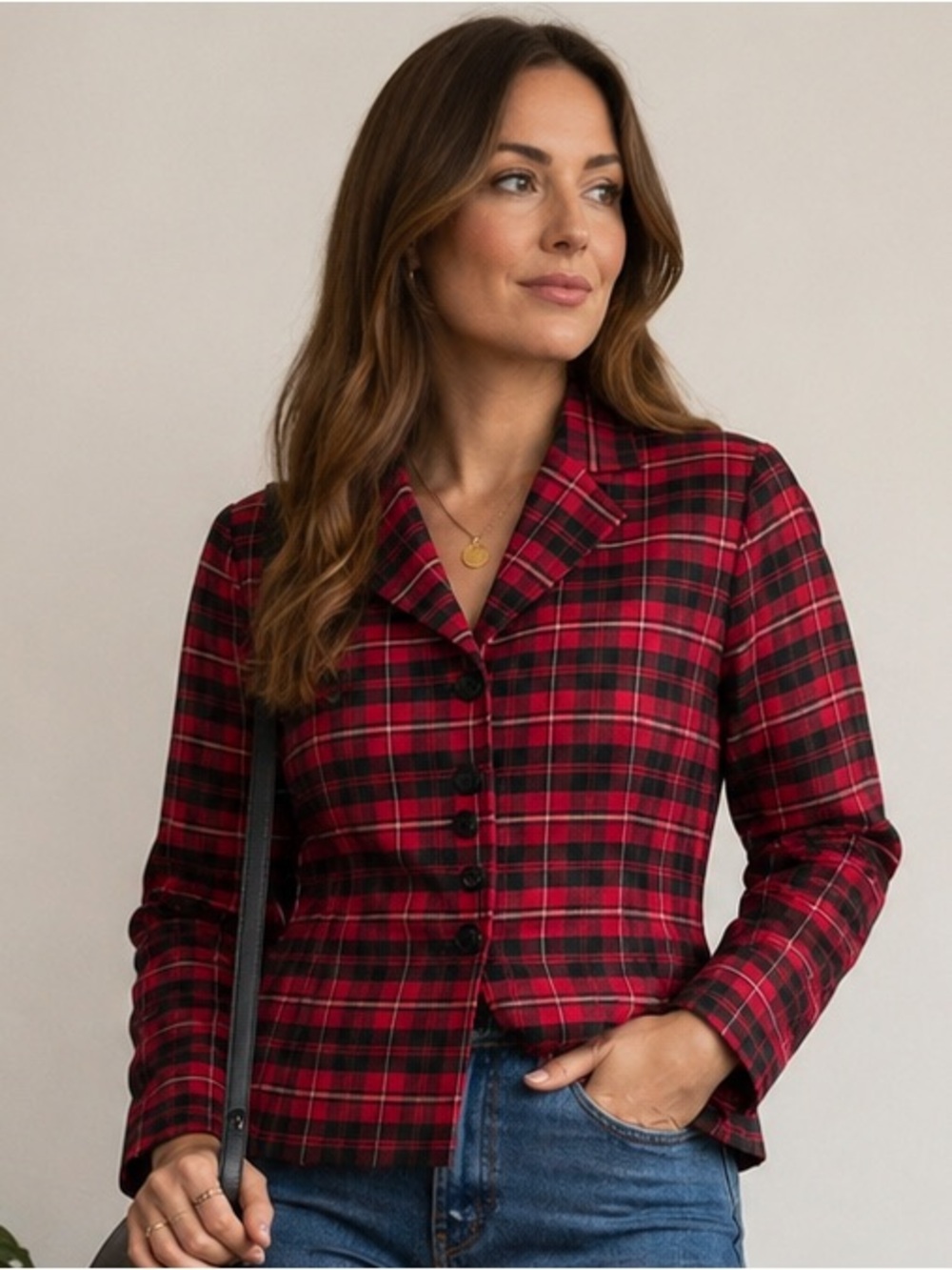 Vtg PENDLETON Red & Black Tartan Plaid Silk Blazer - Size 6 Petite